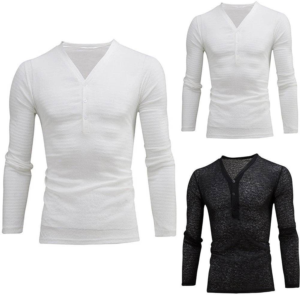 Fashionable Men's Slim Fit V Neck Long Sleeve T shirt Button Tops Tee Blouse