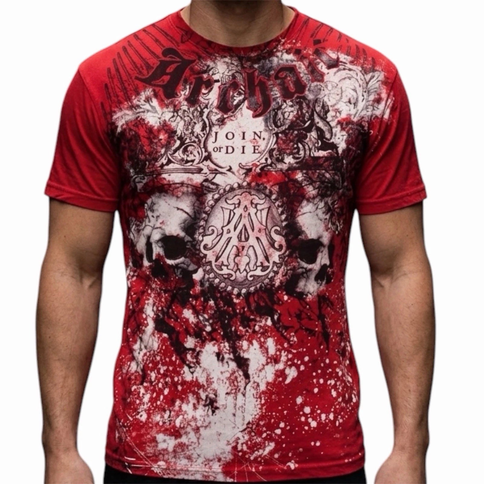 ARCHAIC by AFFLICTION Red SYMBOLISM Short Sleeve Slim Fit Y2K T-shirt NWT