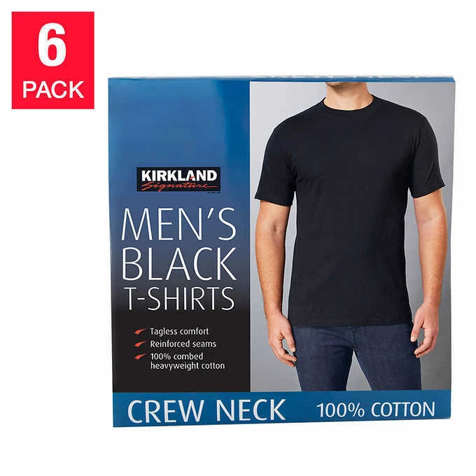 Kirkland Men’s Crew Neck Tees, 6-pack - BLACK, WHITE (Select Color, Size)