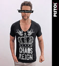 Pistol Boutique Herren Slim Fit Schwarzes Deep V-Neck T-Shirt Crown Jersey