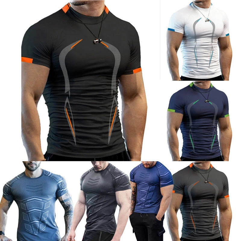 Mens Slim Fit T-Shirt Muscle Fit Gym Top Training Short Sleeve Sports Breathab #