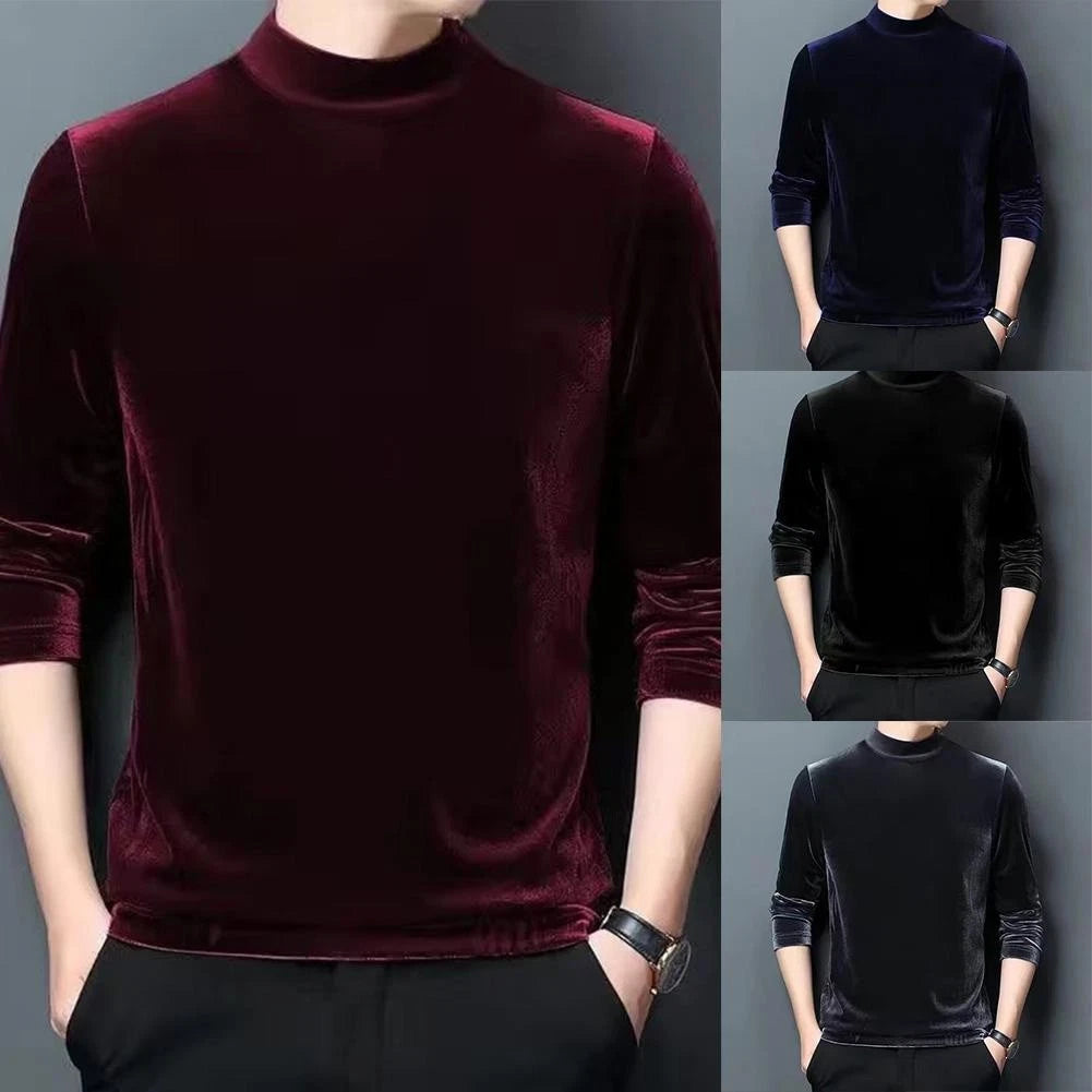 Mens Velvet Half Turtleneck Pullover Long Sleeve Elastic Slim Fit Shirt