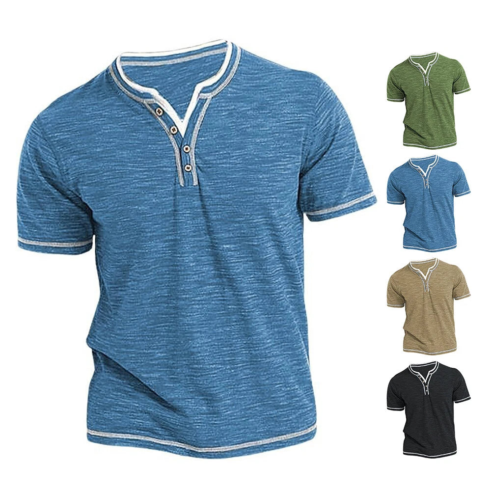 Mens Henley Shirt T-shirts Shirts Short Sleeve Cotton Pullover Comfy Button Top↖