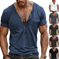 Tee T Shirt Short Sleeve Blouse Topspockets Slim Fit Buttons Solid V Neck #