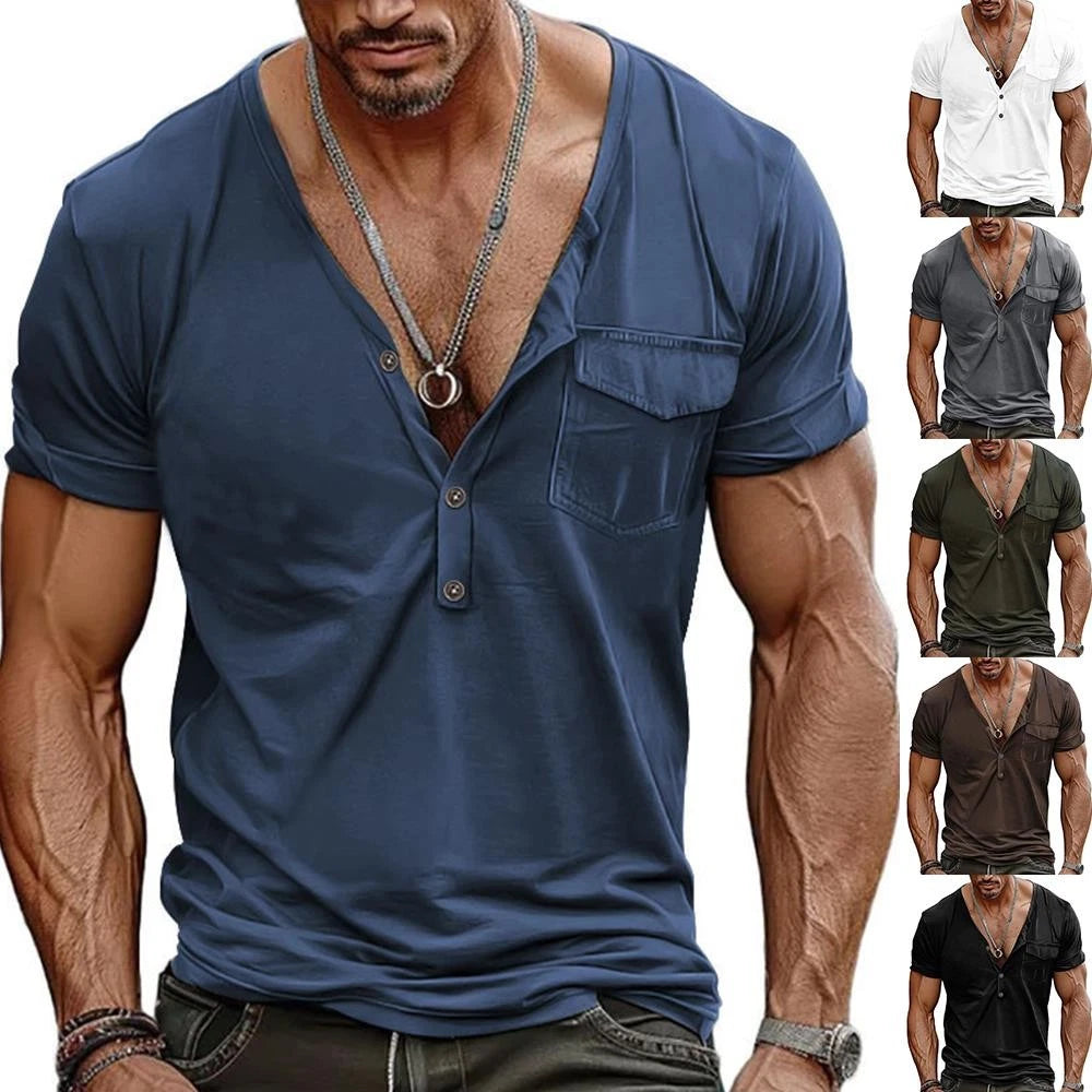 Tee T Shirt Short Sleeve Blouse Topspockets Slim Fit Buttons Solid V Neck #