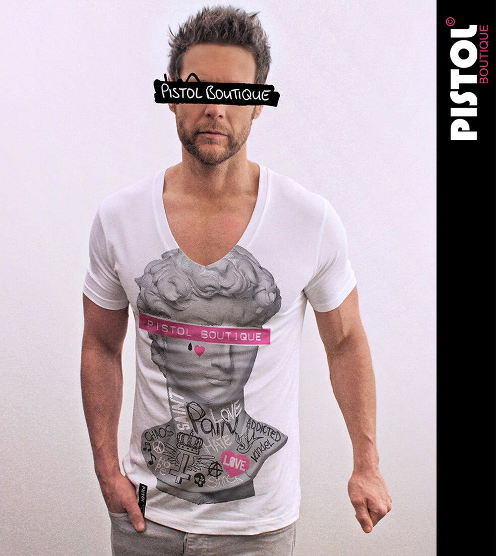 Pistol Boutique men's White Fitted Deep V neck GRAFFITI TATTOOS STATUE T-shirt
