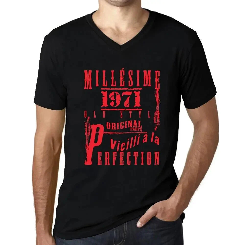 Men's Graphic T-Shirt V Neck Vintage Aged to Perfection 1971 – Millésime Vieilli