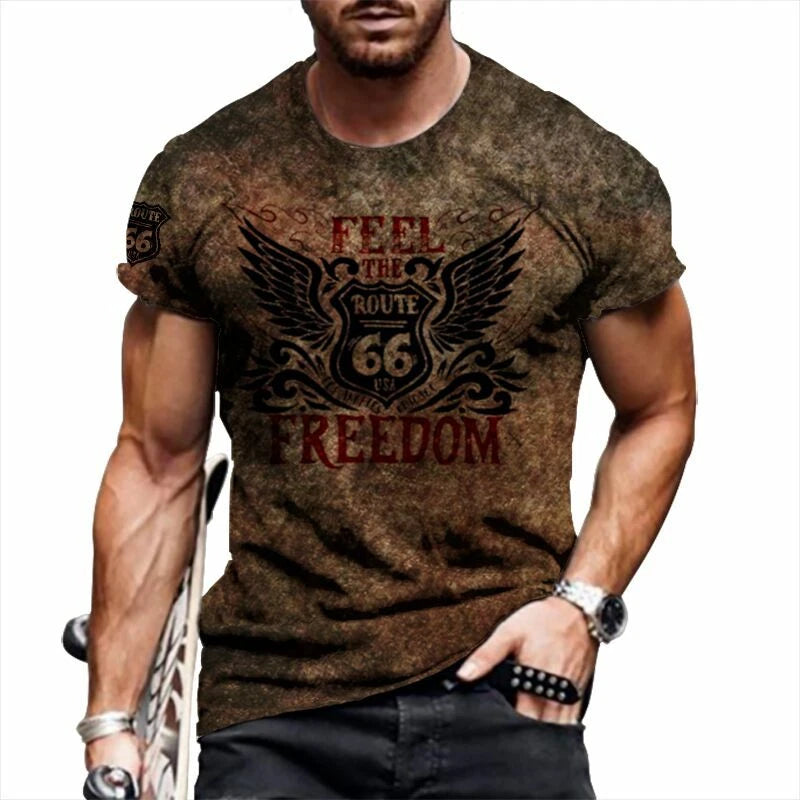 T-Shirt Men's Route 66 Vintage Freedom Fashion Graphic Short Sleeve Soft T Shirt