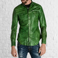 New Basic Mens Genuine Green Lambskin Genuine Leather Shirt Handmade Casual Wear