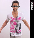 Pistol Boutique Herren Slim Fit Weißes Deep V-Neck T-Shirt FORGIVE ME LORD