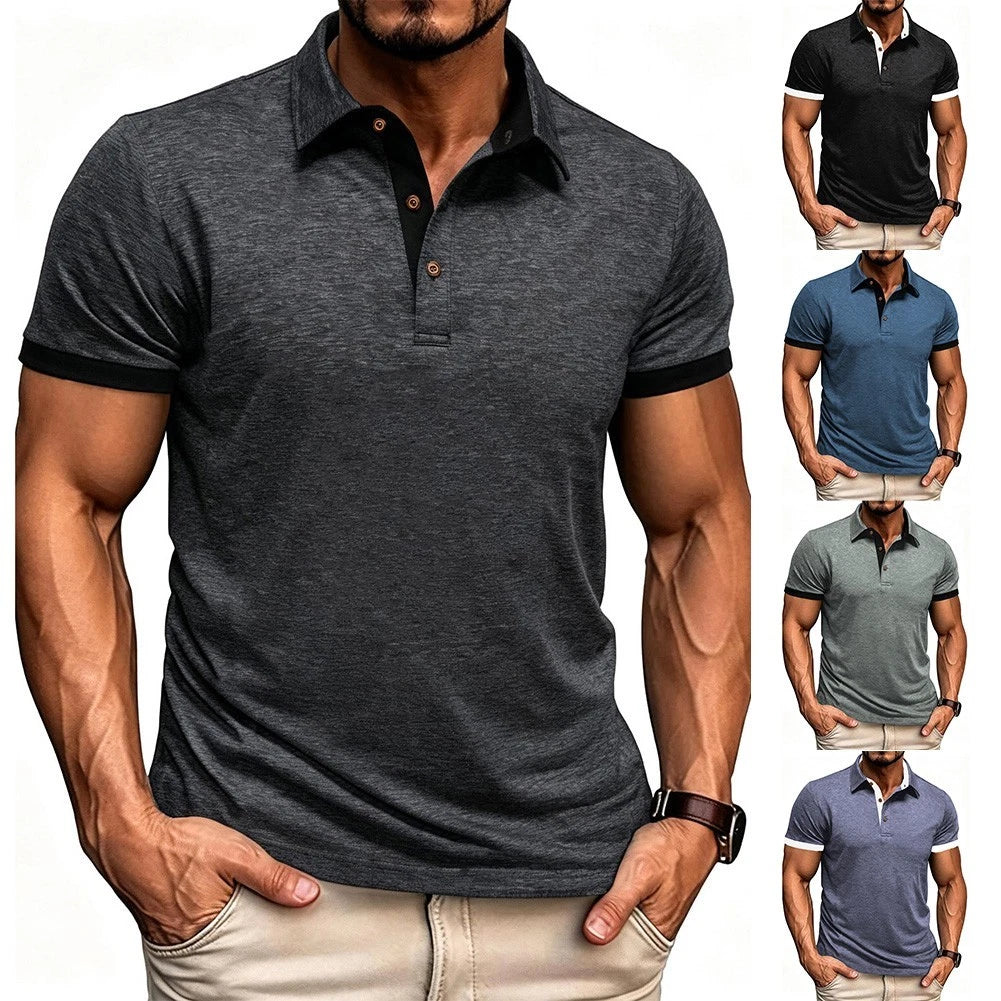 Solid Color Slim Fit Men's Short Sleeve Pullover T-Shirt Lapel Collar Top