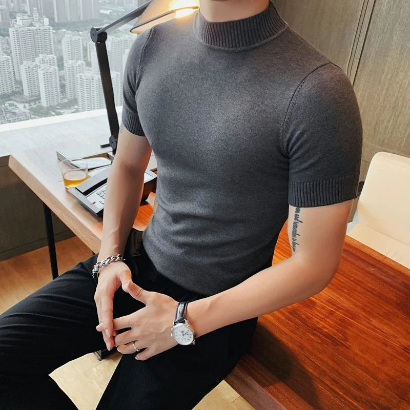 Summer New Men's Round Neck Knitted Short Sleeve Casual Slim Fit Stretch Shirts