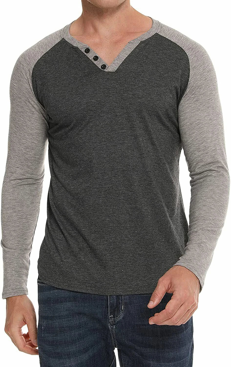 New Mens Henley Shirt T-shirts shirts Long Sleeve Cotton Pullover Comfy Button