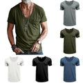 Men Tops Short Sleeve Blouse Pullover T-Shirtv Neck Casual Retro Pockets #