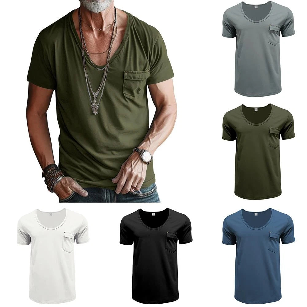 Men Tops Short Sleeve Blouse Pullover T-Shirtv Neck Casual Retro Pockets #