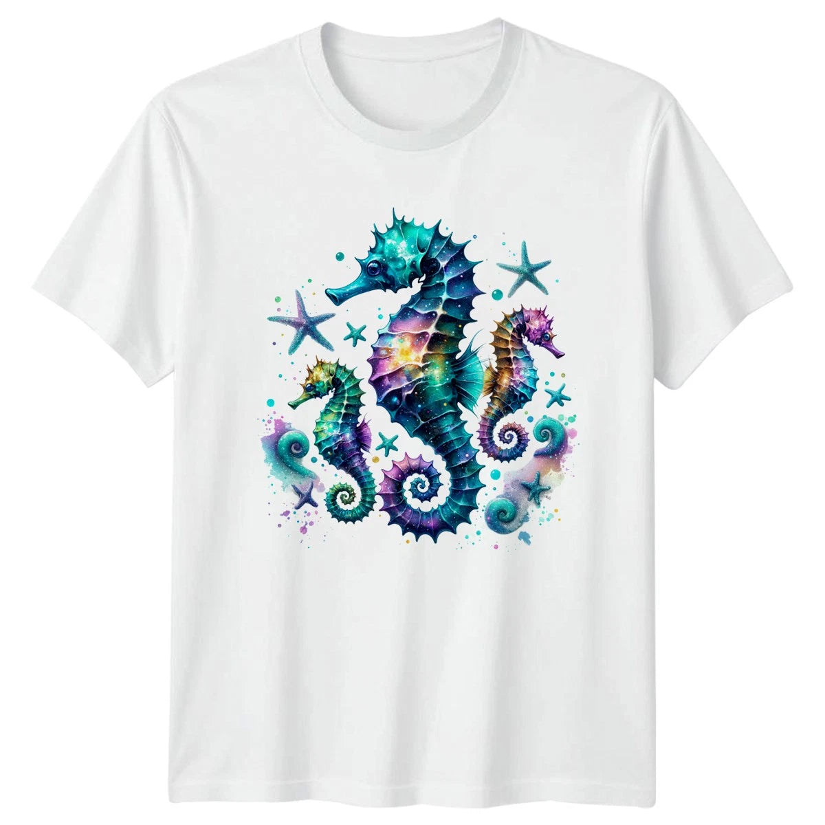 Vibrant Galaxy Seahorses Starfish T-Shirt Seahorse Art Marine Life Birthday