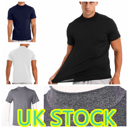 AU Men T-Shirt Short Sleeve Basic Tops Mock Turtleneck Pullover Slim Fit Solid