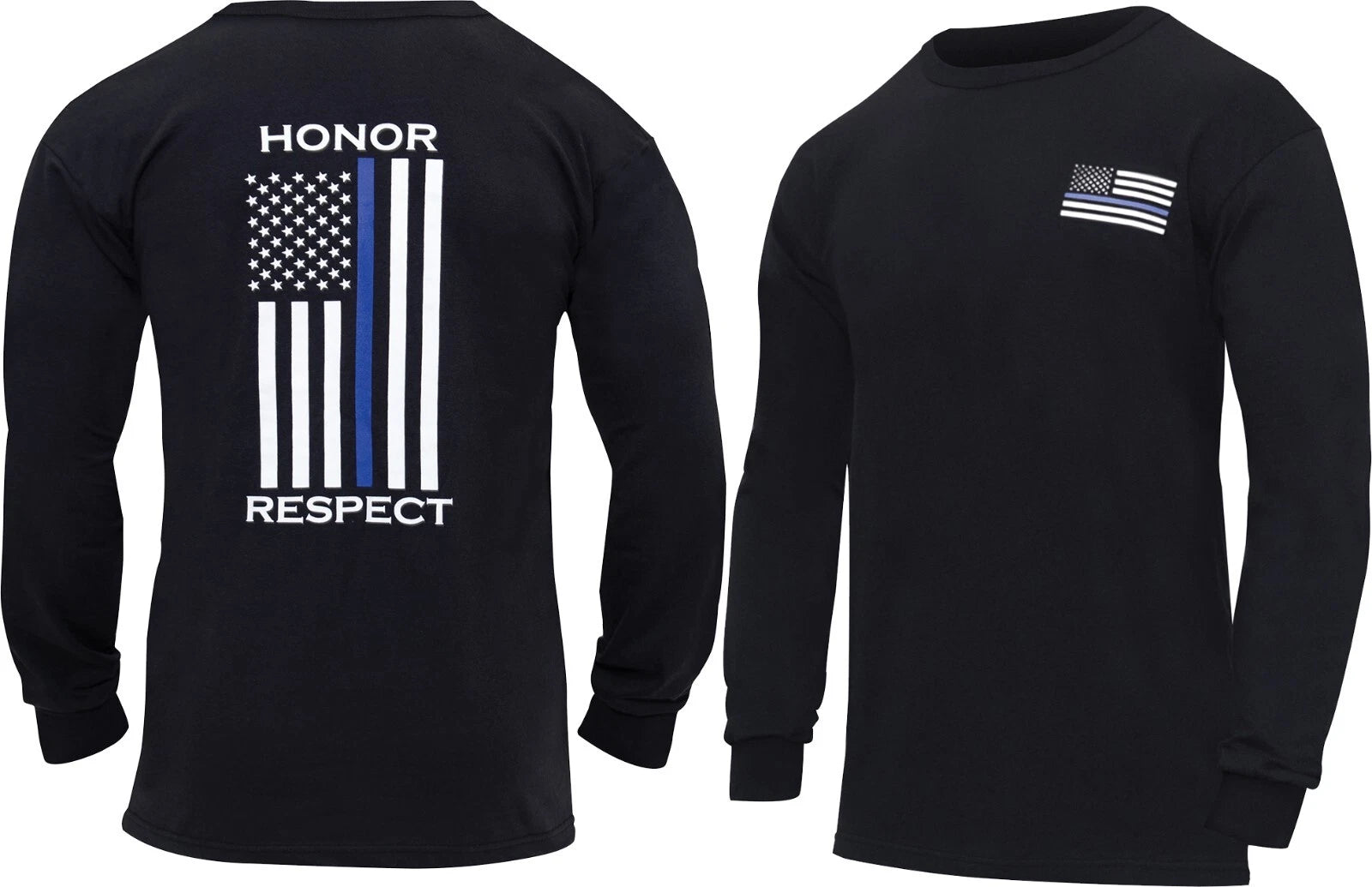 Black Thin Blue Line US Flag Honor Respect Flag Double Print Long Sleeve T-Shirt