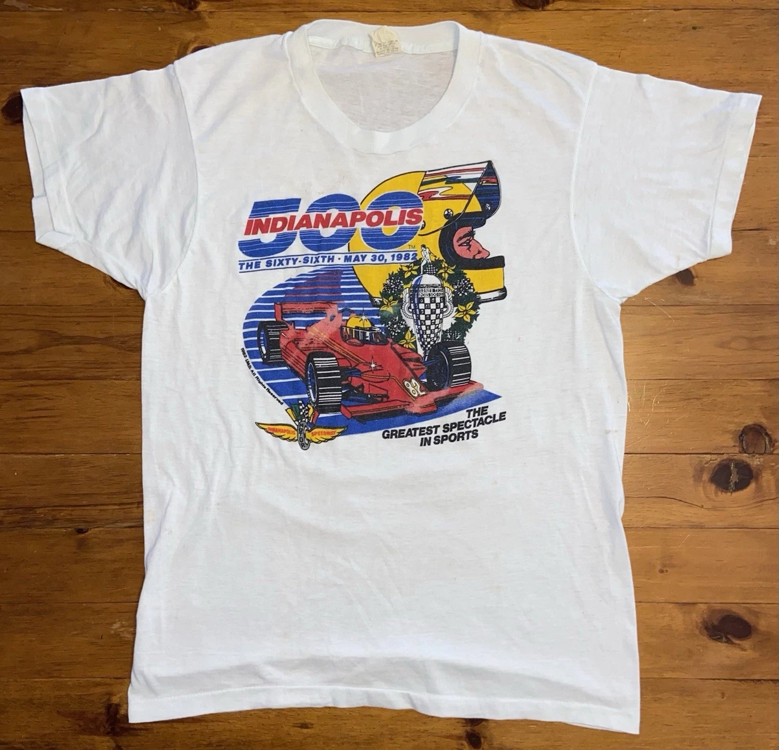 Vintage Adult Large Indianapolis Indy 500 Racing Racecar White T Shirt 80s 1982