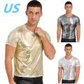 AU Men's Shiny Metallic Slim Fit T-shirt Short Sleeve Round Neck Tops Clubwear
