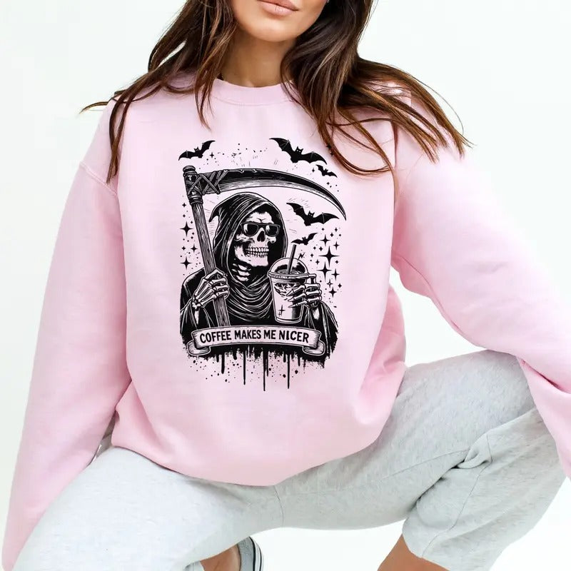 sCoffee Makes Me Nicer Grimrepaer Halloween Sweatshirt, Coffee Lover Sweatshirt, Casual Long Sleeve Halloween Pullover, SKeleton Womenswear Cewneck Sweatshirt, Casual, Trendy Style