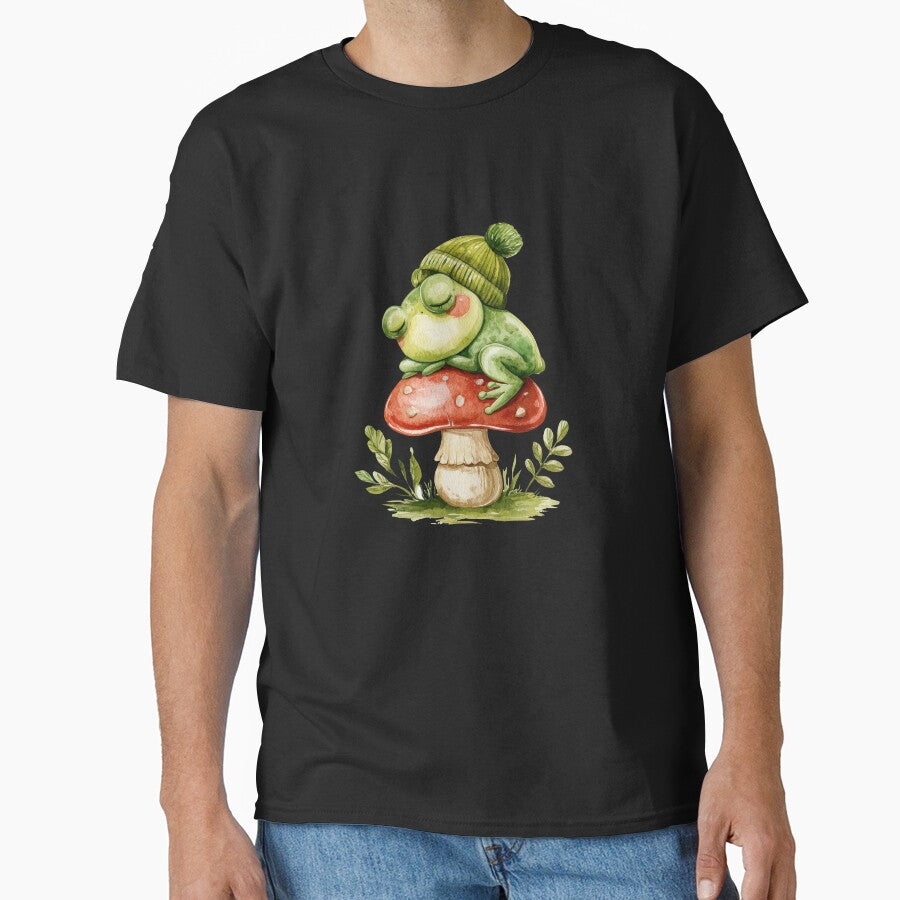 Cozy Sleepy Frog on Mushroom Cottagecore Design by VikArt7
