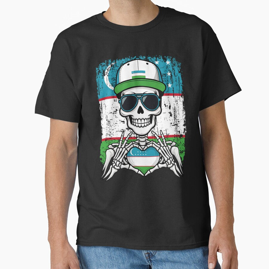 Uzbekistan Pride Skeleton Art Tee by Colorful Designs