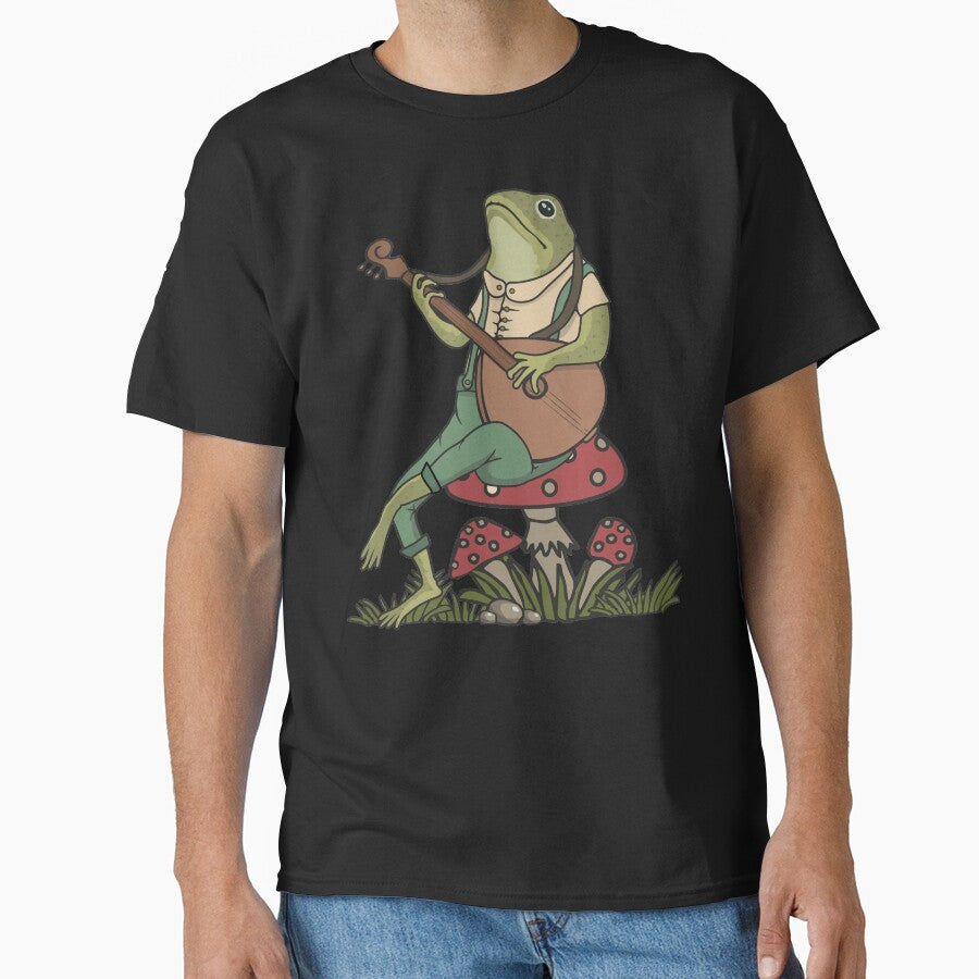 Vintage Frog Playing Banjo on a Mushroom Cottagecore Aesthetic Retro Design by alenaz
