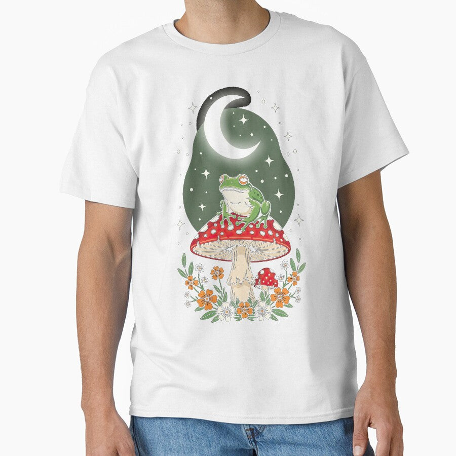Cottagecore Frog on Mushroom Moon T-Shirt by Nyx Creates