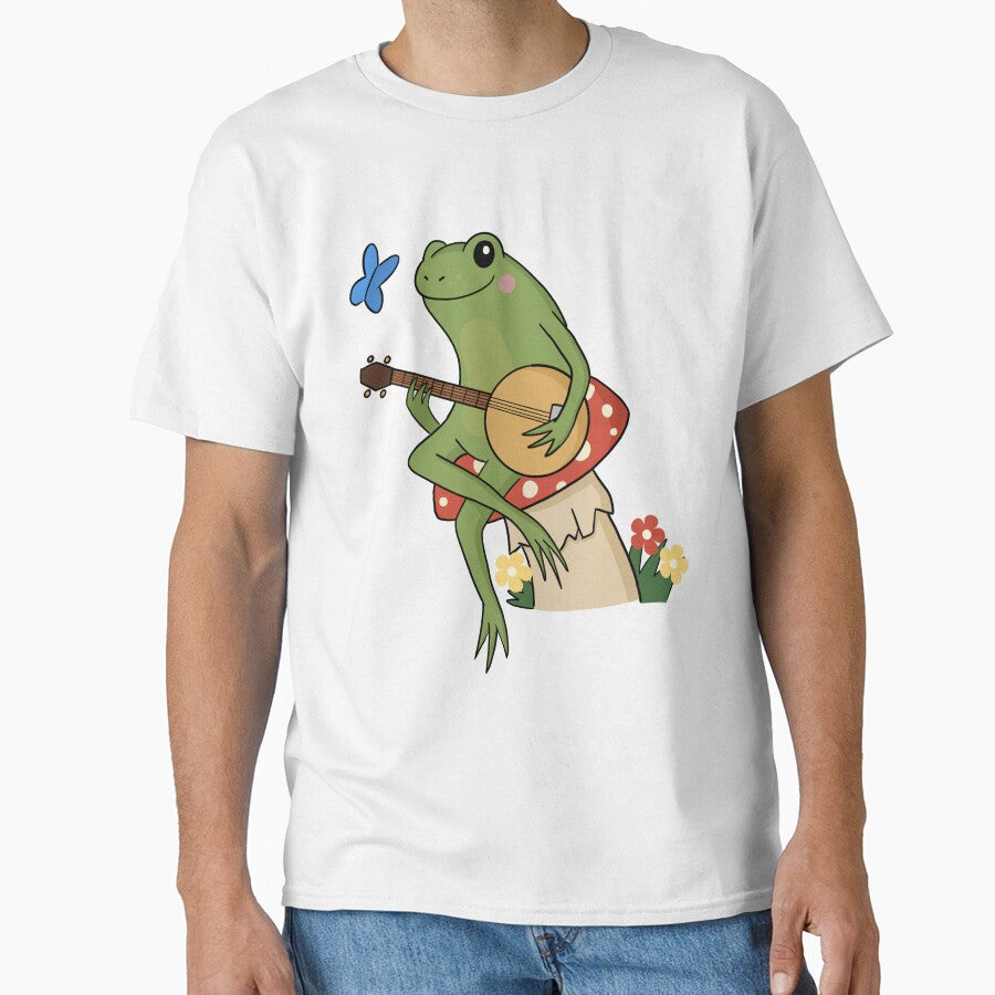 Cottagecore aesthetic cute frog playing a banjo sitting on a mushroom by HopItStudio