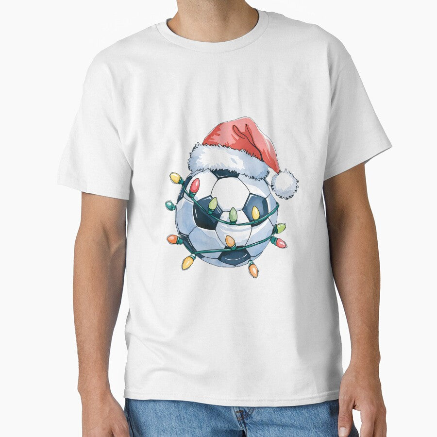Watercolor Soccer Ball Wearing Santa Hat Warraped By Christmas Lights by clothesy7