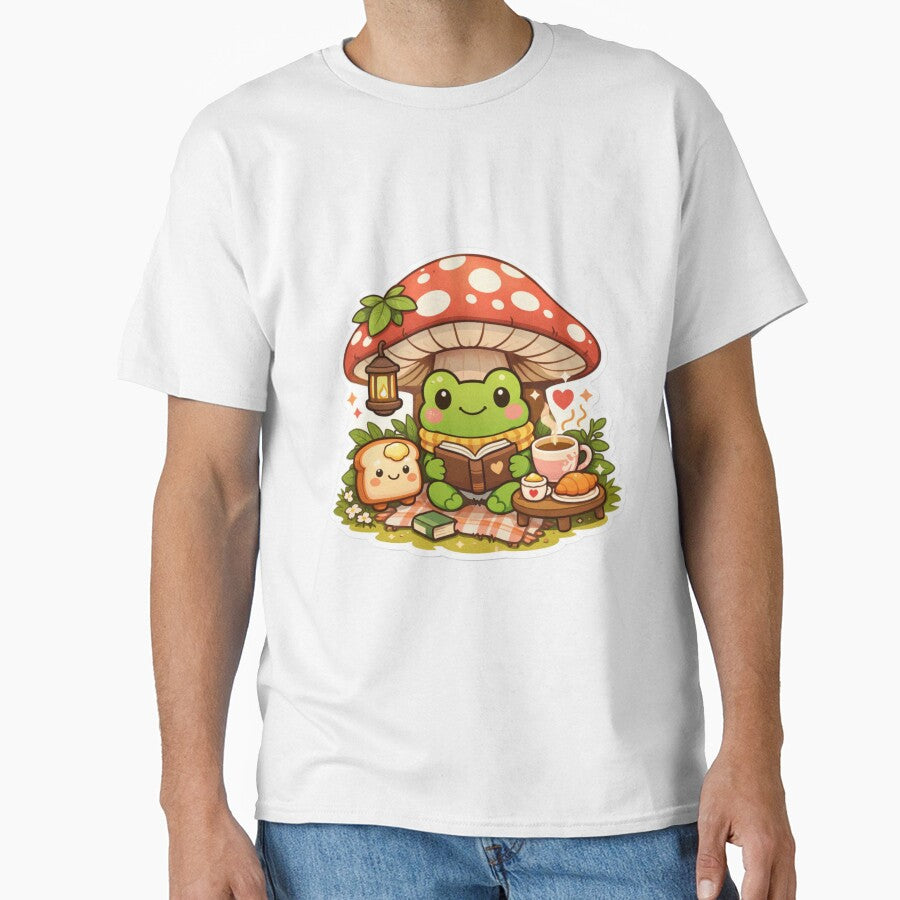 Cozy Frog Under Mushroom Sticker - Cute Cottagecore Reading Frog by FluffiPopo