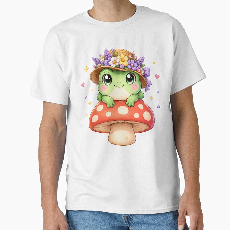 Frog on Mushroom Floral Hat | Kawaii Cottagecore Spring Art by Dulxoz