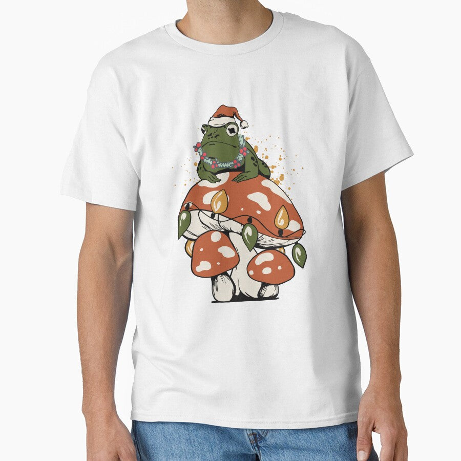Cottagecore Aesthetic Frog On Mushroom Wearing Christmas Hat by TDesignFactory