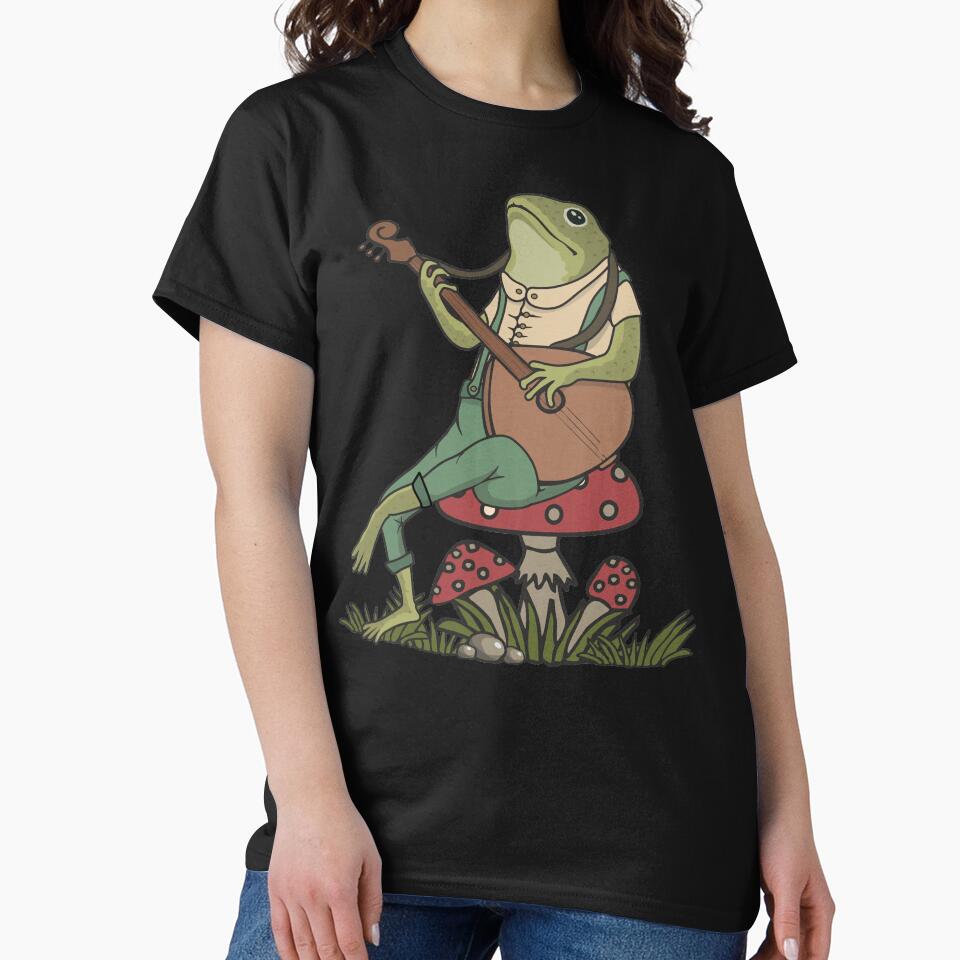 Vintage Frog Playing Banjo on a Mushroom Cottagecore Aesthetic Retro Design by alenaz