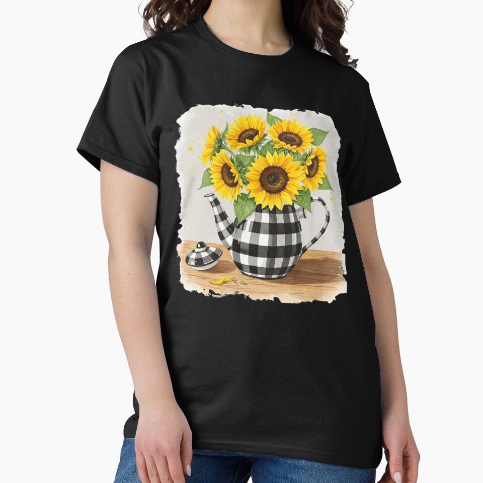 white checked teapot sunflower classic tshirt by anandsiva2703