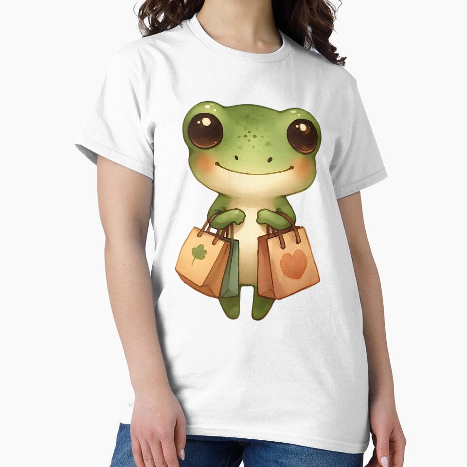 Watercolor Frog with Shopping Bags, Cottagecore Froggy on a Day Out by Adorablehaunts
