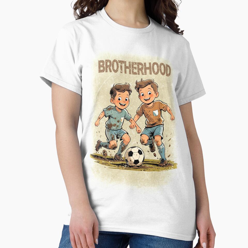Brotherhood – Muddy Kids Playing Soccer Vintage Illustration by p-frosty-design