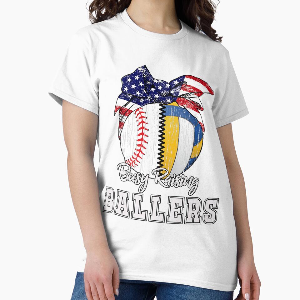 Busy Raising Ballers Baseball Volleyball Tee Volleyball Mom by Mariaxjulio