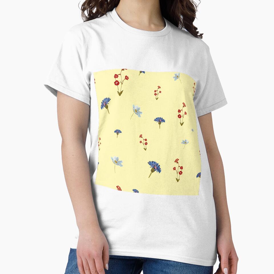 Flower blue red daisy seamless watercolor pattern yellow by Yana Mustafina | Boho Soulful Designs