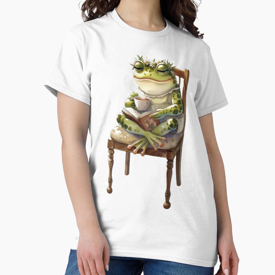 Cozy Cottagecore Watercolor Frog Reading Book and Drinking Tea by FarmOfCuties