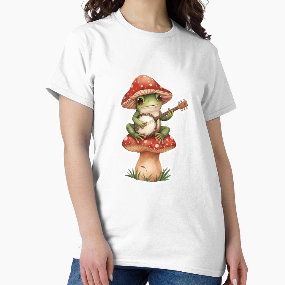 Cute Frog Playing Banjo on Mushroom Cottagecore Sticker by Kavya Art