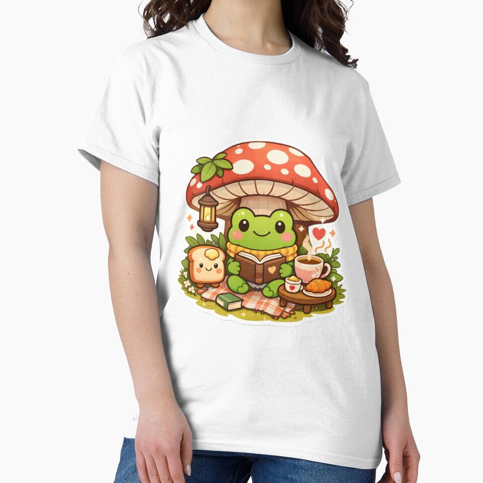 Cozy Frog Under Mushroom Sticker - Cute Cottagecore Reading Frog by FluffiPopo