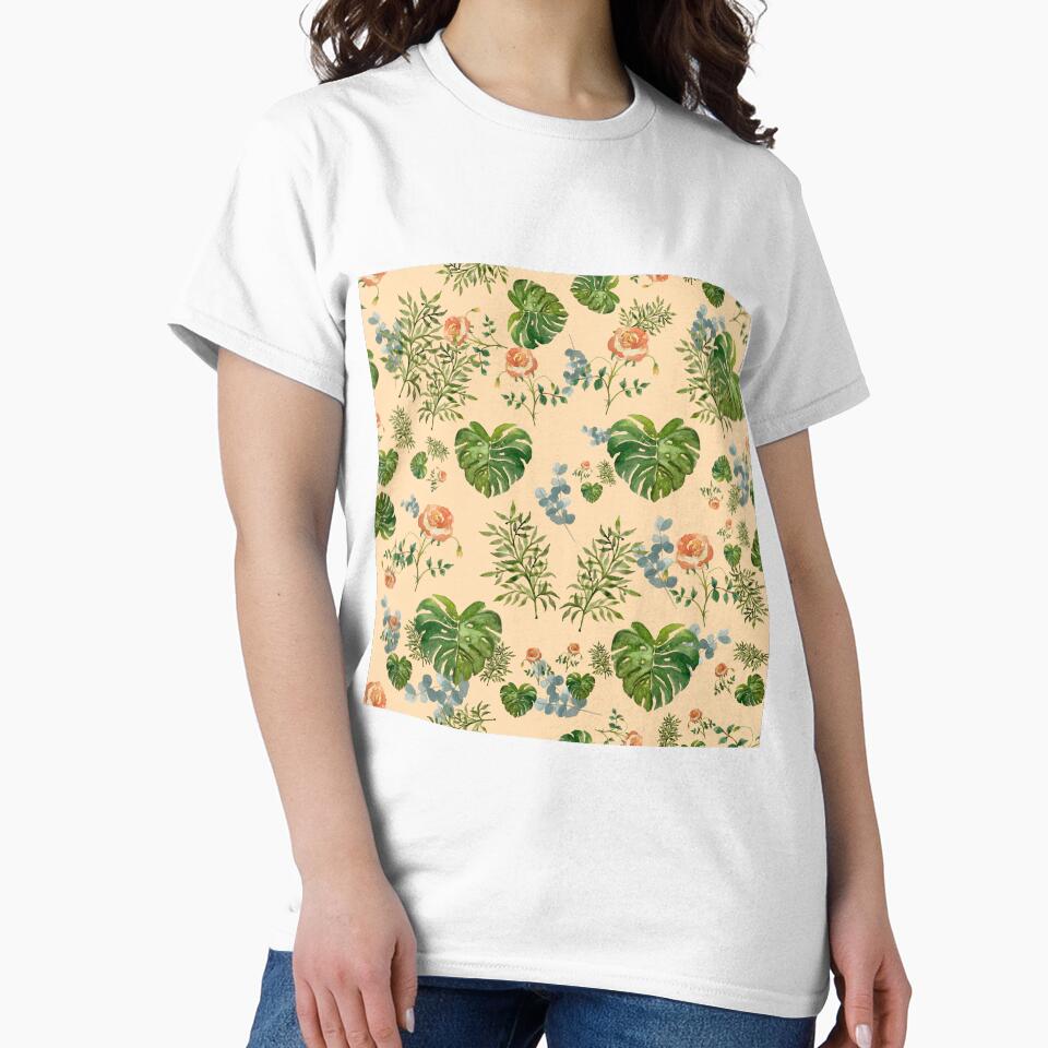 Rose flower palm leaf branch pattern watercolor beige by Yana Mustafina | Boho Soulful Designs