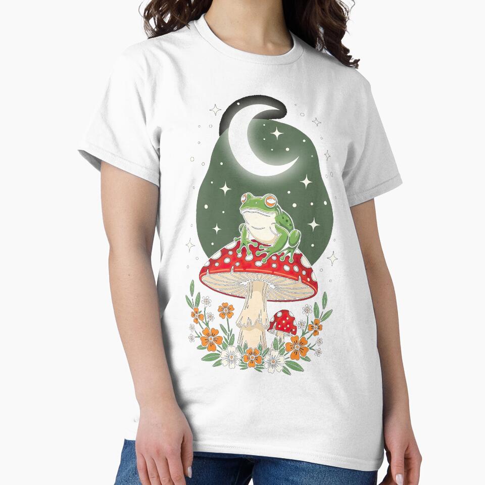 Cottagecore Frog on Mushroom Moon T-Shirt by Nyx Creates