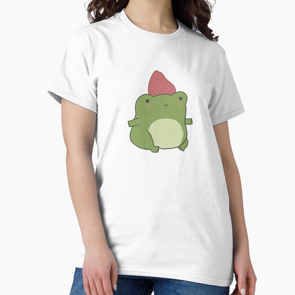 Cute Frog in Pink Strawberry Hat: Kawaii Cottagecore Aesthetic, Chubby Froge Art by MinistryOfFrogs