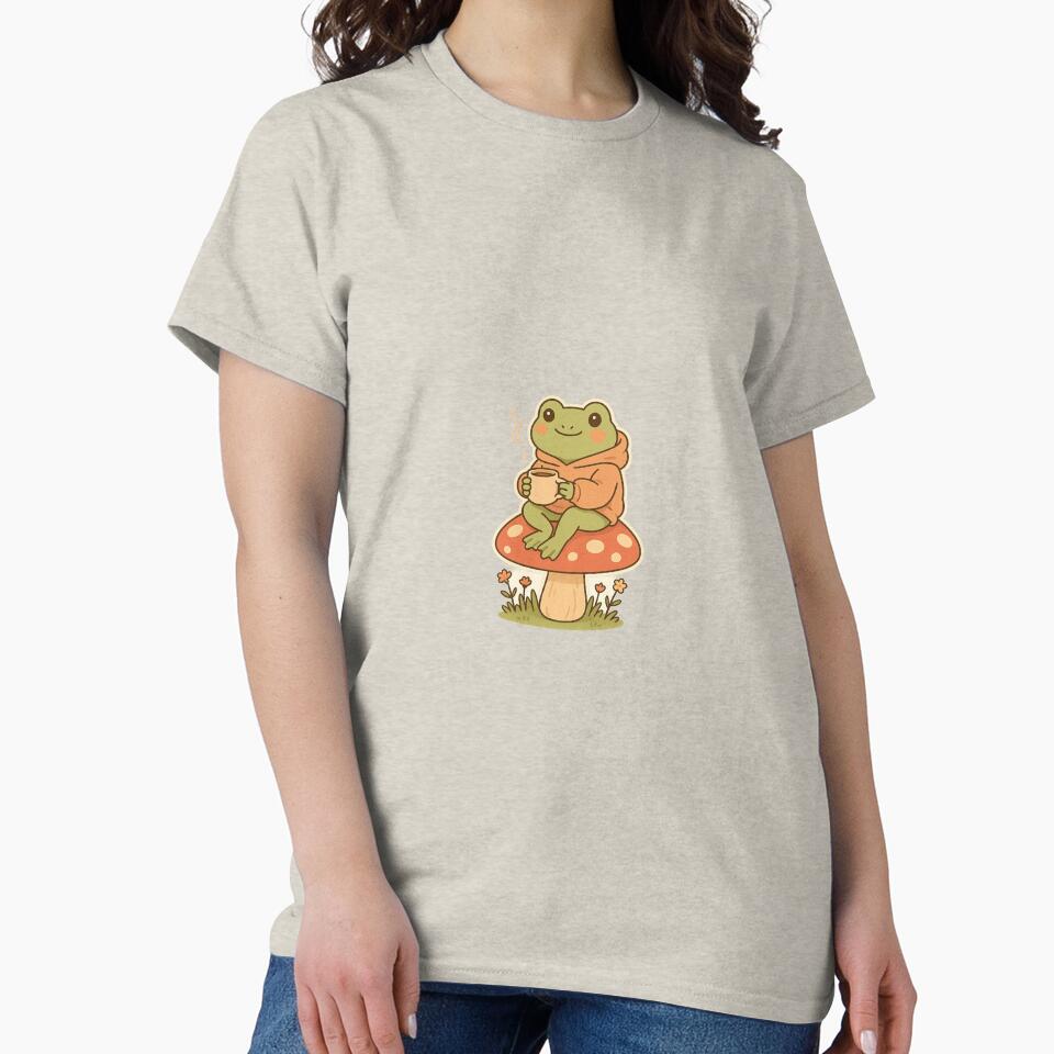 “Cozy Frog Drinking Coffee Cottagecore Mushroom Sticker” by Valriogd