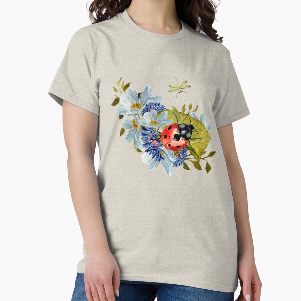 Flower daisy ladybug leaves dragonfly a watercolor beige by Yana Mustafina | Boho Soulful Designs