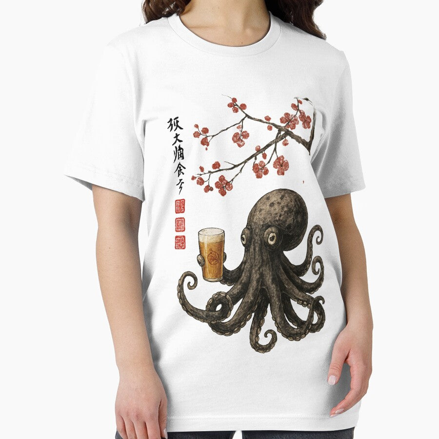Octopus with Beer – Japanese Ink Art Style Design by Arcaucil