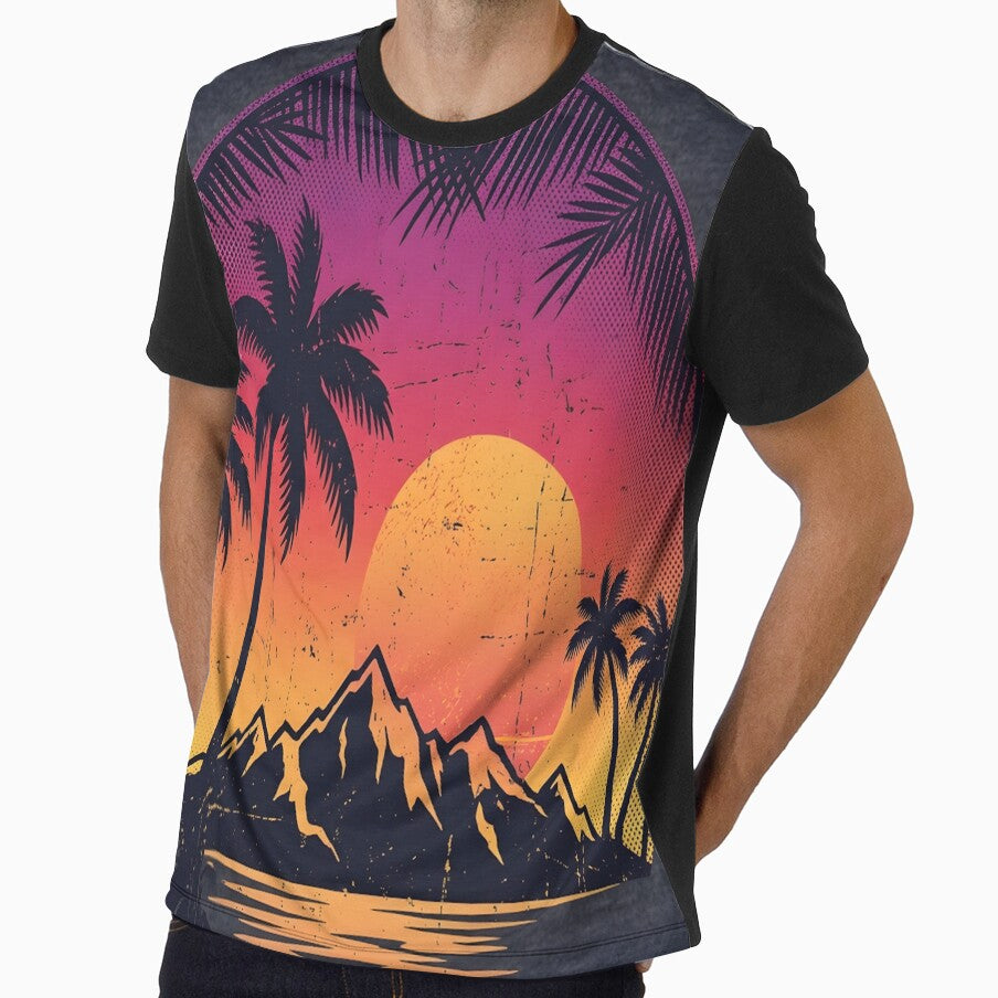 Retro Vintage Sunset Palm Trees 80s Aesthetic Nostalgic Summer Beach T-Shirt Design by Jayara [Born To Reign]